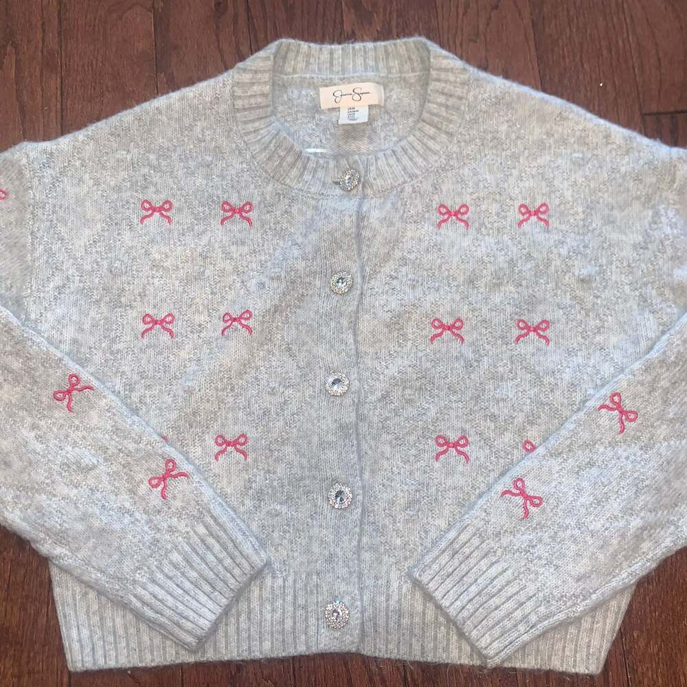 Jessica‎ Simpson Bow Print Gray Pink Crystal Button Cardigan